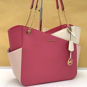 MICHAEL KORS Jet Set Large X Chain Color-Block Saffiano Leather Shoulder…